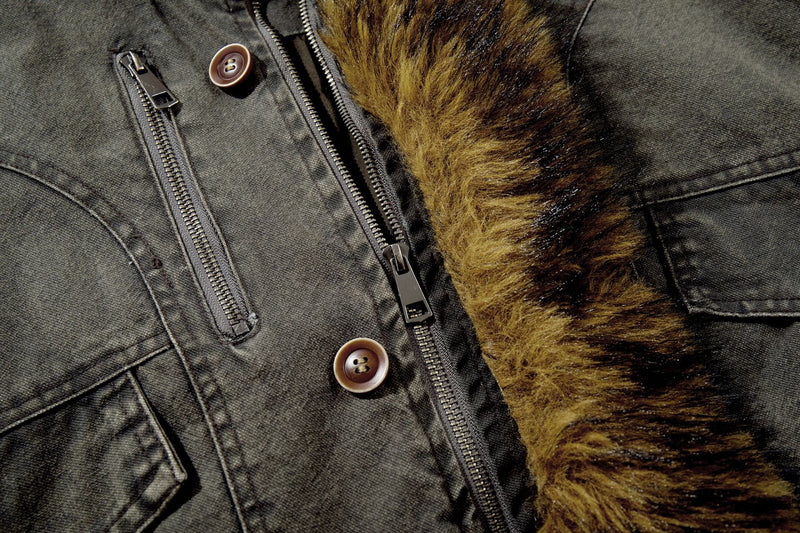 Washed Denim Fur-Collar Padded Jacket – Fleece-Lined Workwear Bomber
