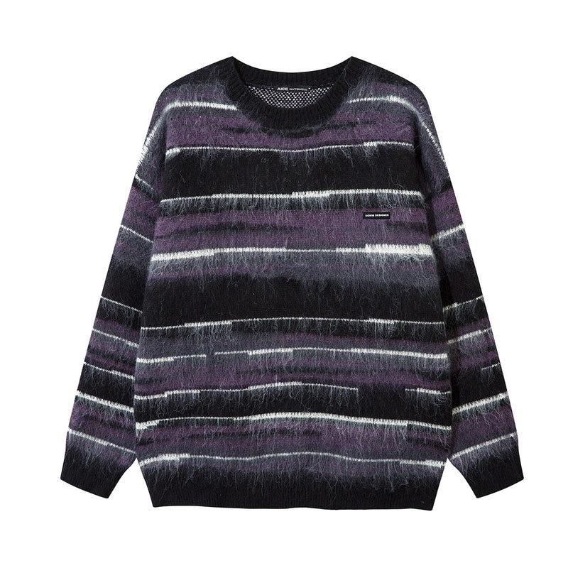 Striped Fuzzy Knit Crew Neck Sweater – Relaxed Fit Mohair-Style Pullover