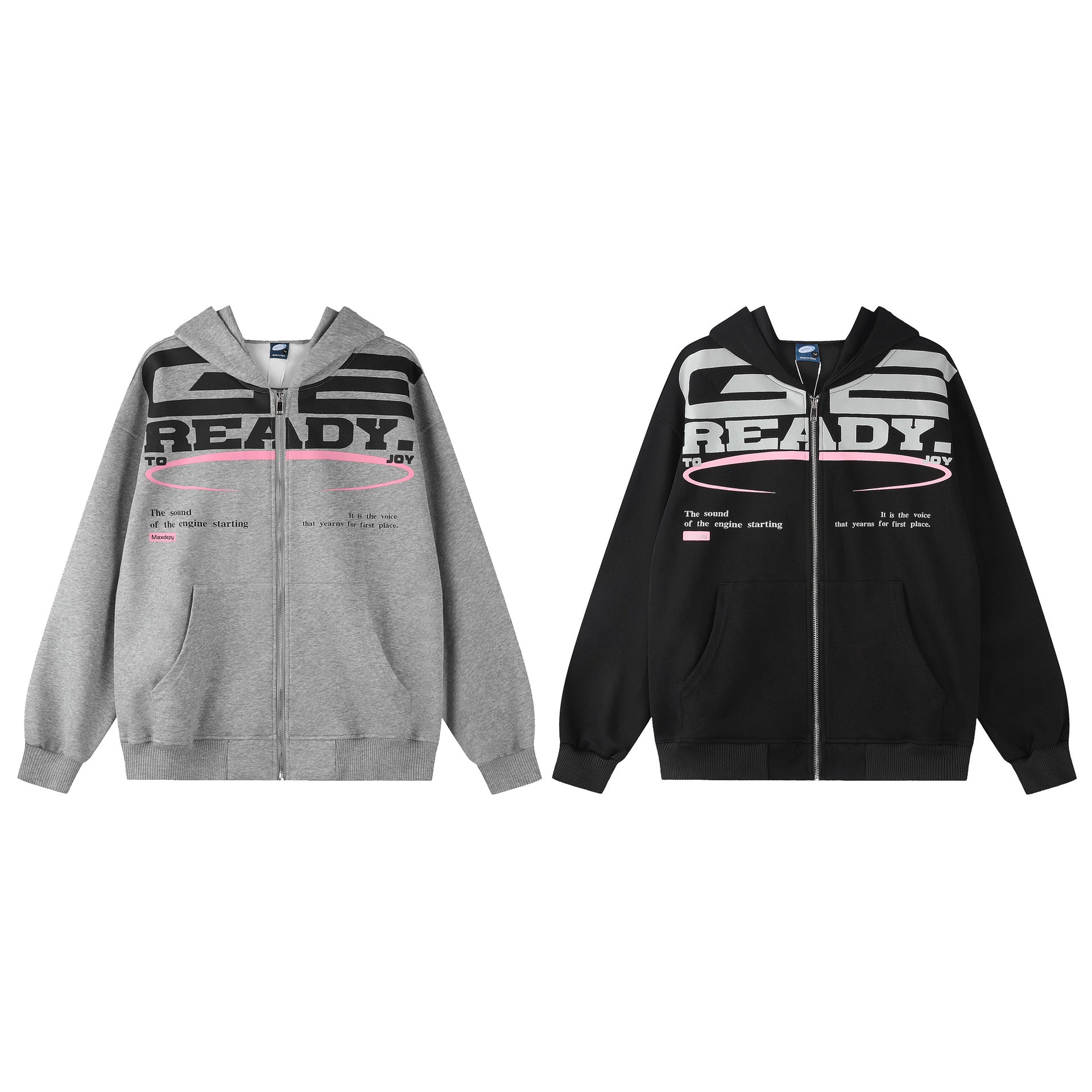Sweat à capuche zippé à motif Ready To Joy – Streetwear américain rétro oversize
