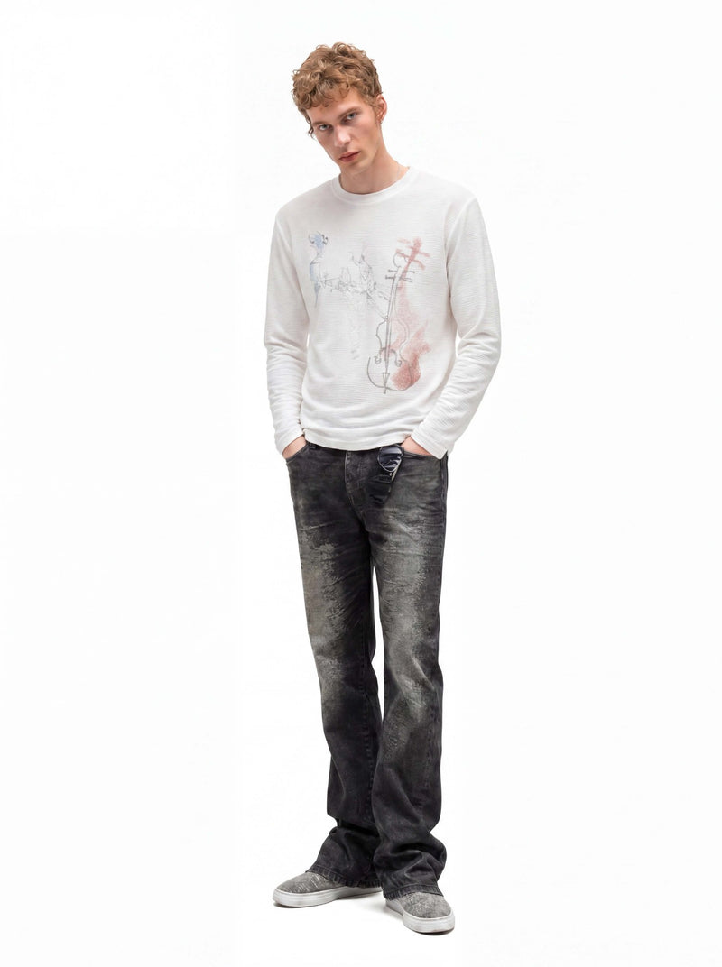 Long Sleeve Graphic Shirt – Cello Musician Sketch Print, Relaxed Fit