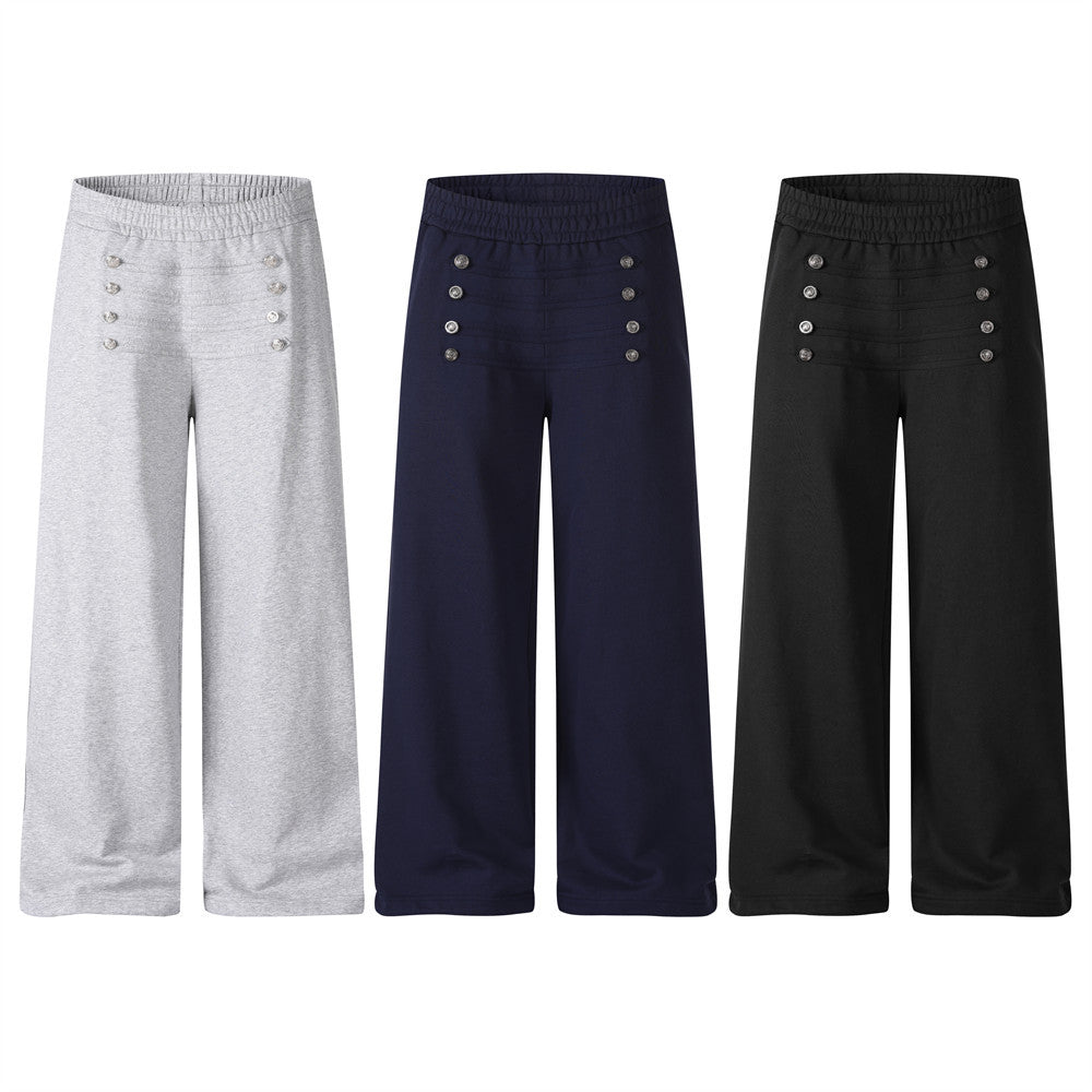 Wide-Leg Sweatpants with Double-Breasted Metal Buttons & Elastic Waist