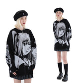 A person channels Misa Amane in a Premium Death Note-Inspired Knit Sweater featuring a monochrome jacquard design, paired with a black beret, pleated skirt, knee-high socks, and black shoes against a plain white background showcasing both full-body and side profile views.