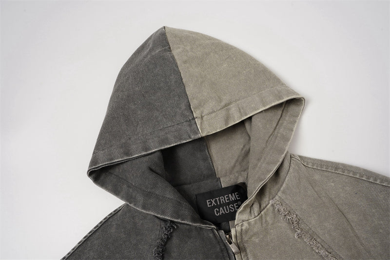 Veste à capuche zippée en patchwork délavé à l'acide – Bomber oversize bicolore à coutures effilochées