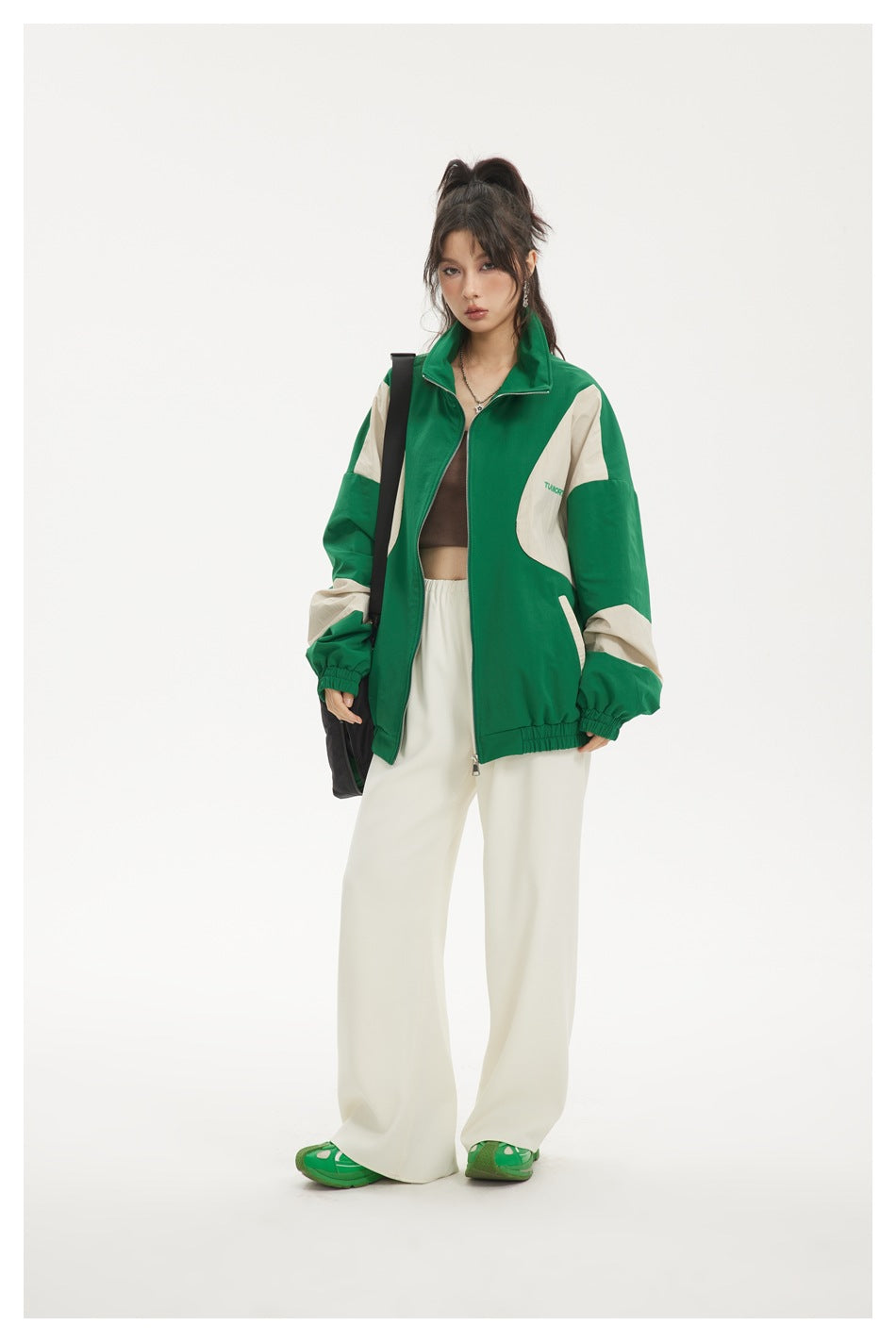 Colorblock Zip-Up Track Jacket — Oversized Retro Varsity Style