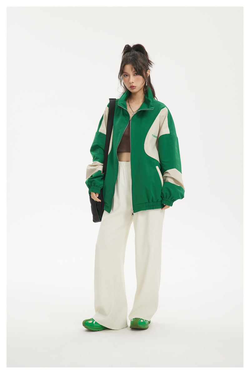 Colorblock Zip-Up Track Jacket — Oversized Retro Varsity Style