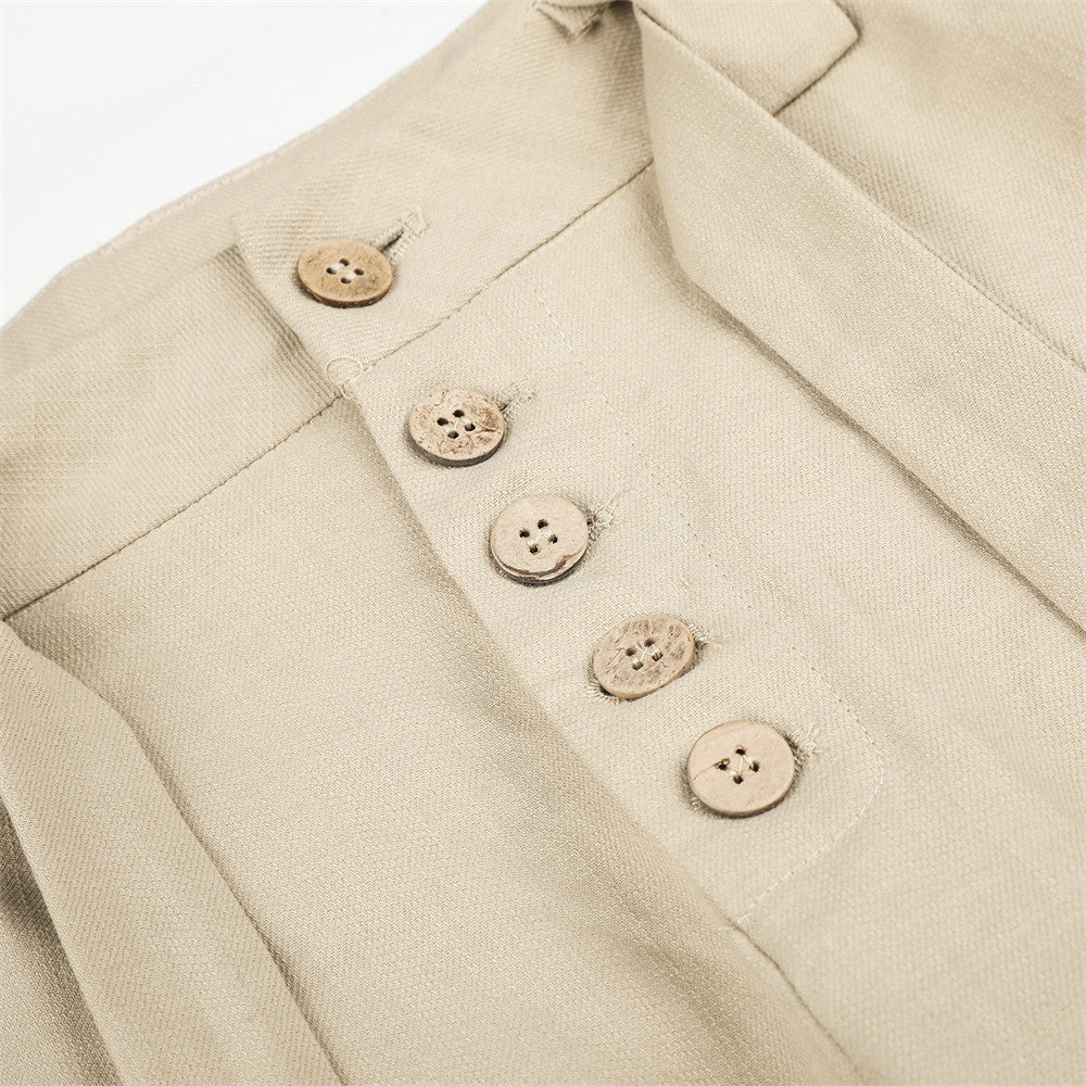 Wide-Leg Pleated Trousers with Button Fly and Belt Ties
