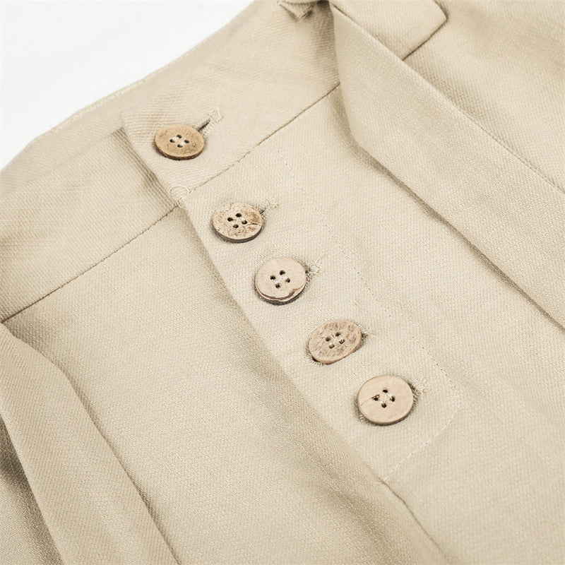 Wide-Leg Pleated Trousers with Button Fly and Belt Ties