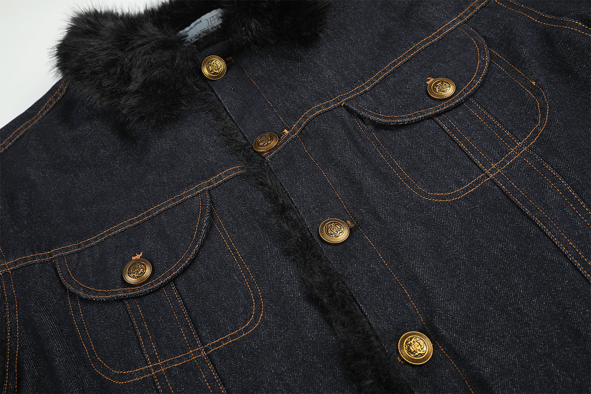Dark Indigo Denim Jacket with Faux Fur Collar & Fleece Lining