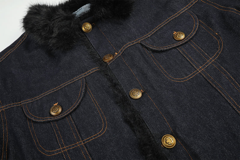 Dark Indigo Denim Jacket with Faux Fur Collar & Fleece Lining
