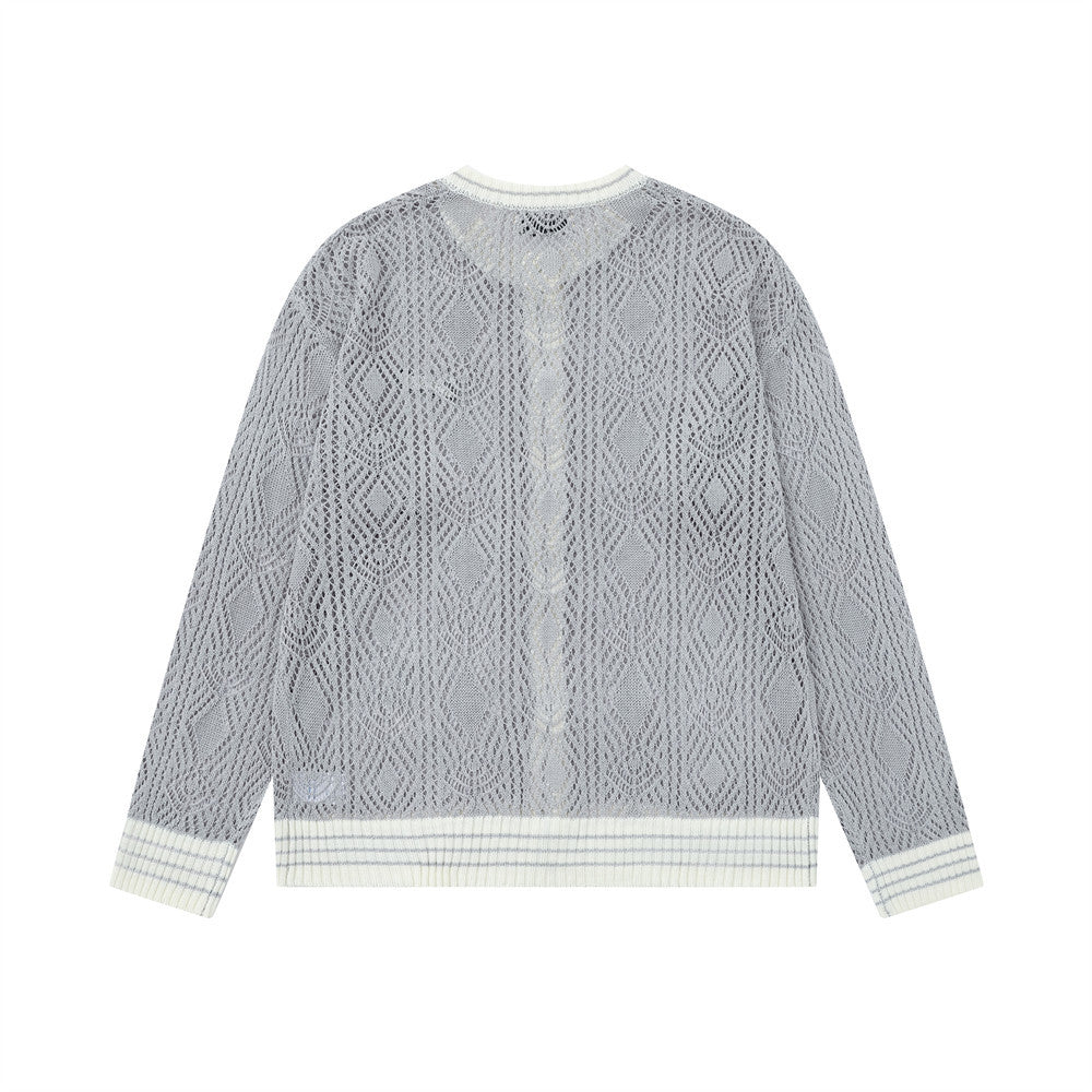 Cardigan en maille ajourée à col rond pour homme – Texture losanges, coupe décontractée