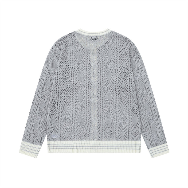 Cardigan en maille ajourée à col rond pour homme – Texture losanges, coupe décontractée