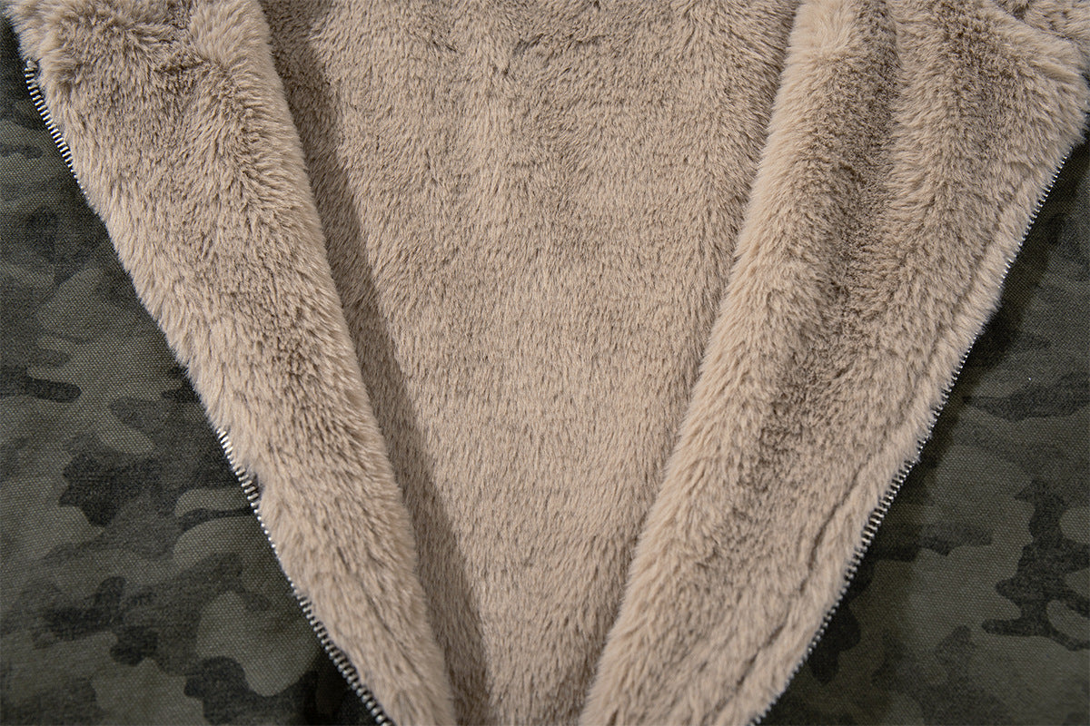 Camo Sherpa-Lined Hooded Bomber Jacket with Studded Hood