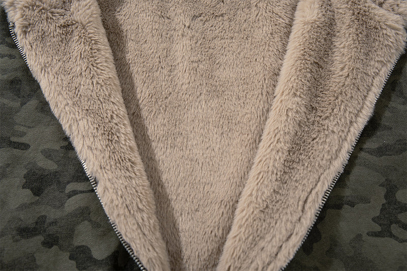 Camo Sherpa-Lined Hooded Bomber Jacket with Studded Hood