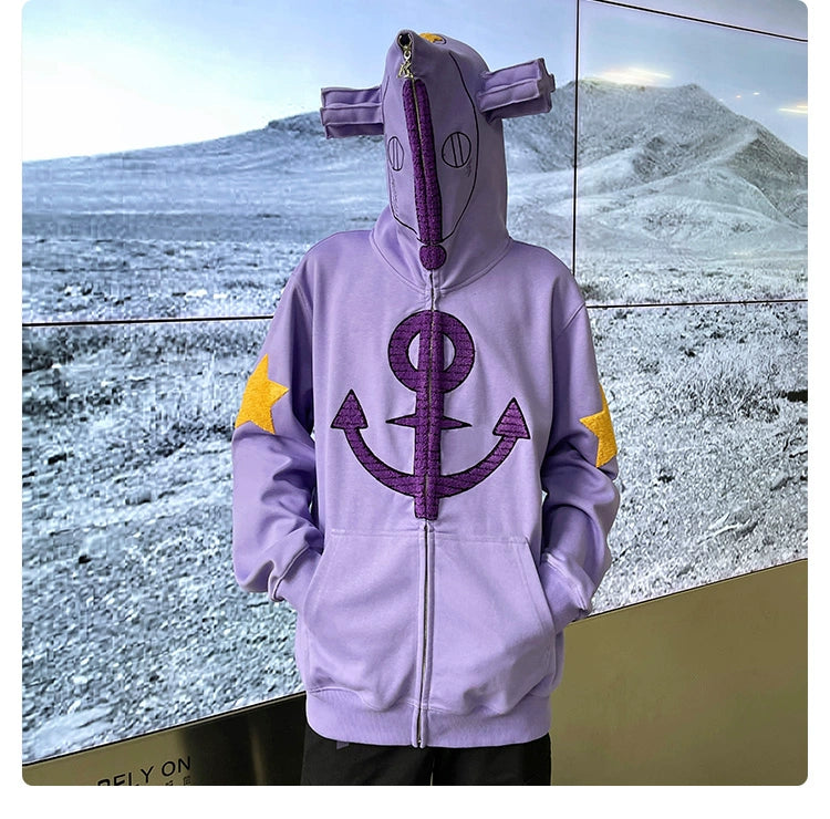 Purple Symbol Hoodie - 400GSM Oversized Anime Zip-Up Sweatshirt with Star and Ear Design