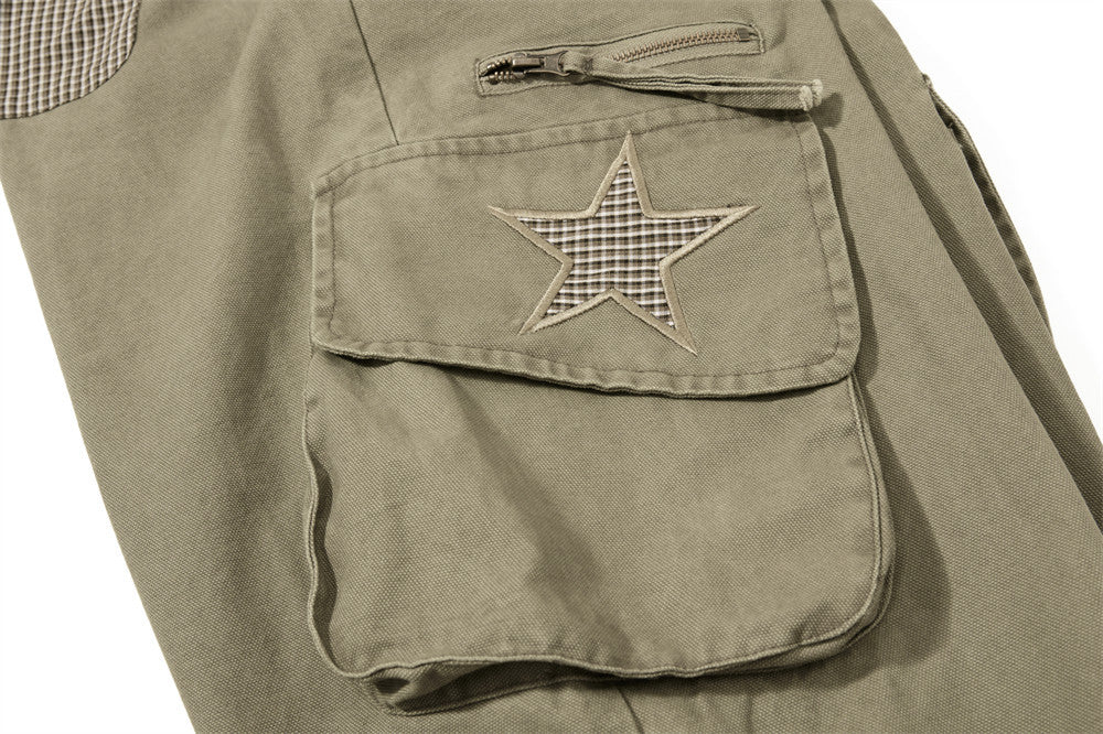 Wide-Leg Cargo Pants – Star Patch, Plaid Detail & Multi-Pocket Baggy Fit