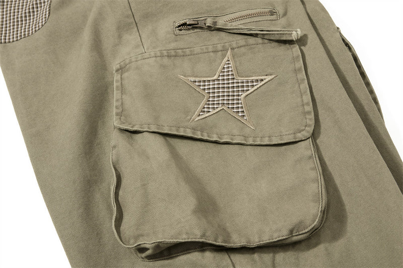Wide-Leg Cargo Pants – Star Patch, Plaid Detail & Multi-Pocket Baggy Fit