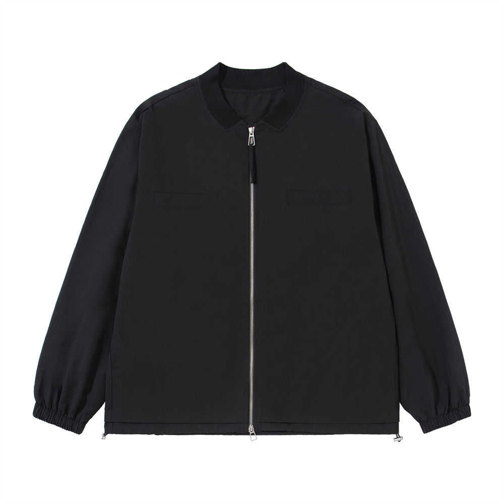 Men's oversized stand-collar zip-up jacket with double-pull zipper and drawstring hem in black, front view