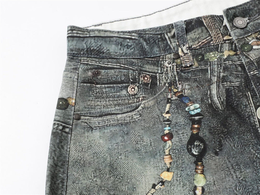 Wide-Leg Jeans with Chain & Bead Embellishments – Vintage Dirty-Wash Punk Denim
