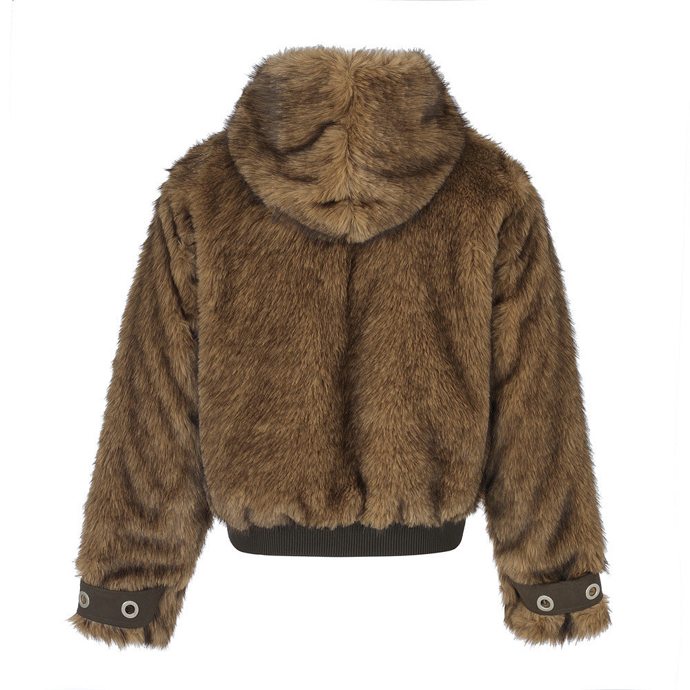 Faux Fur Hooded Bomber Jacket – Brown Short-Cut Zip-Up with PU Leather Trim
