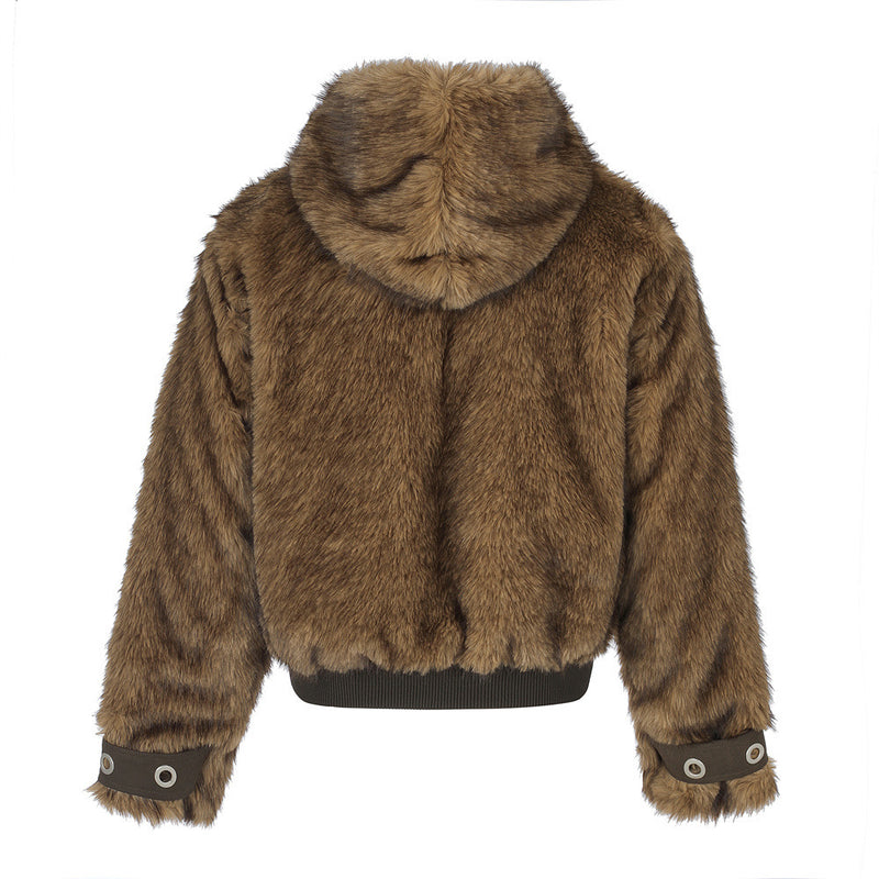 Faux Fur Hooded Bomber Jacket – Brown Short-Cut Zip-Up with PU Leather Trim