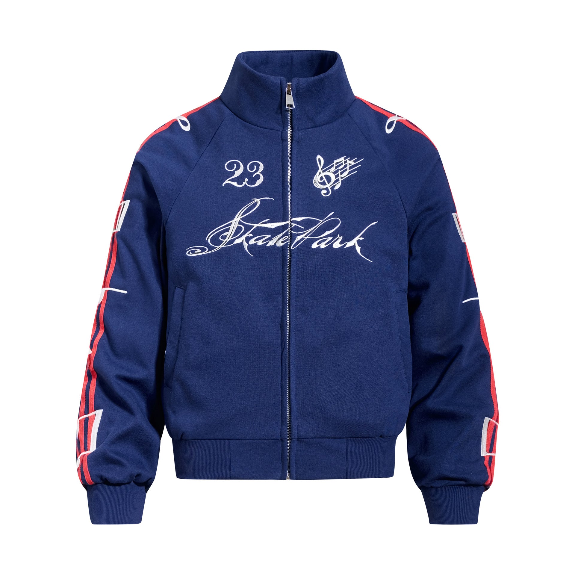 Track Jacket Stand Collar Full-Zip with Script & Music Note Graphics