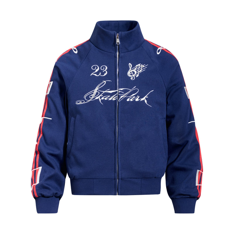 Track Jacket Stand Collar Full-Zip with Script & Music Note Graphics