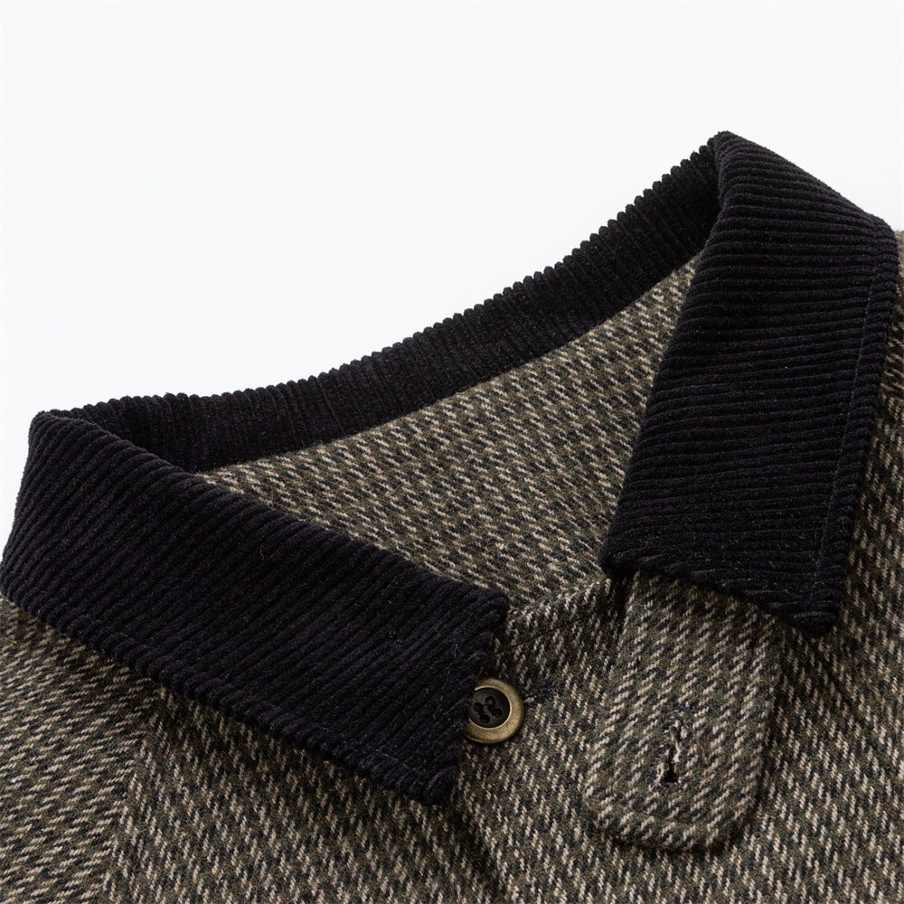 Men's Houndstooth Tweed Jacket – Stand Collar, Multi-Pocket Workwear Coat