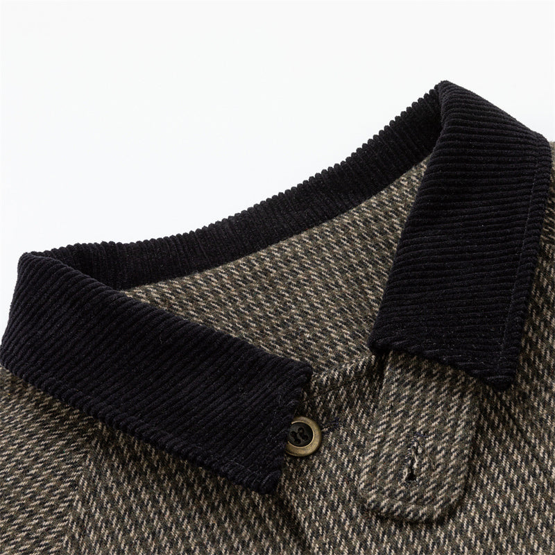 Men's Houndstooth Tweed Jacket – Stand Collar, Multi-Pocket Workwear Coat