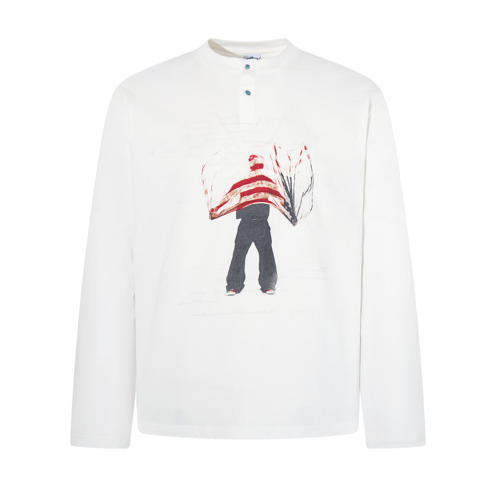 Henley-Longsleeve mit abstraktem Figuren- und Flaggen-Print – Relaxed-Fit