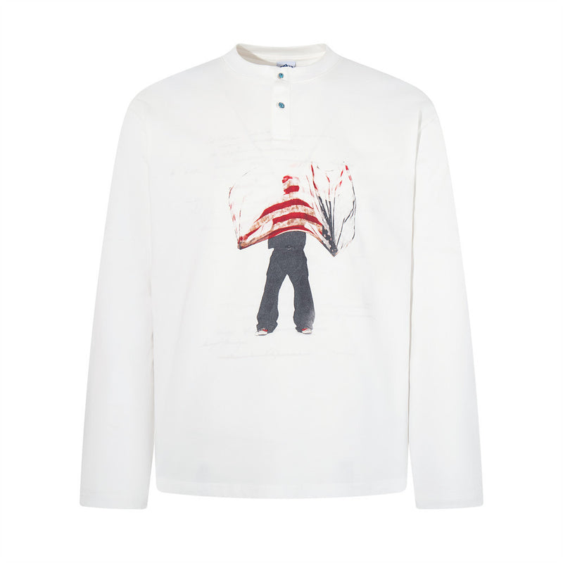 Henley-Longsleeve mit abstraktem Figuren- und Flaggen-Print – Relaxed-Fit