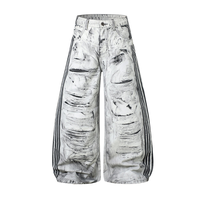 Jean wide leg effet usé – Blanc délavé imprimé 3D, coupe baggy déchirée