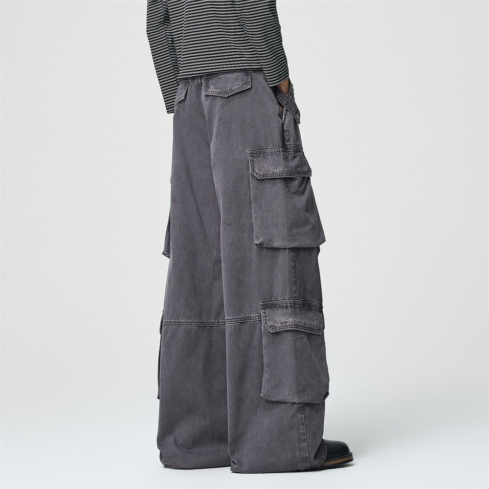 Wide-Leg Cargo Pants – Multi-Pocket Washed Vintage Streetwear Trousers
