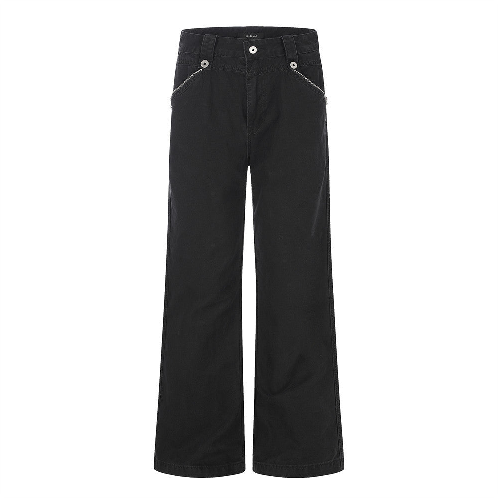 Wide-leg vintage washed zip pocket trousers in black with flared hem and diagonal zip pockets