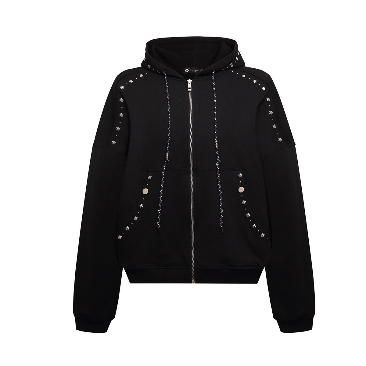 Zip-Up Hoodie with Star Studs & Decorative Drawstring, Oversized Fit