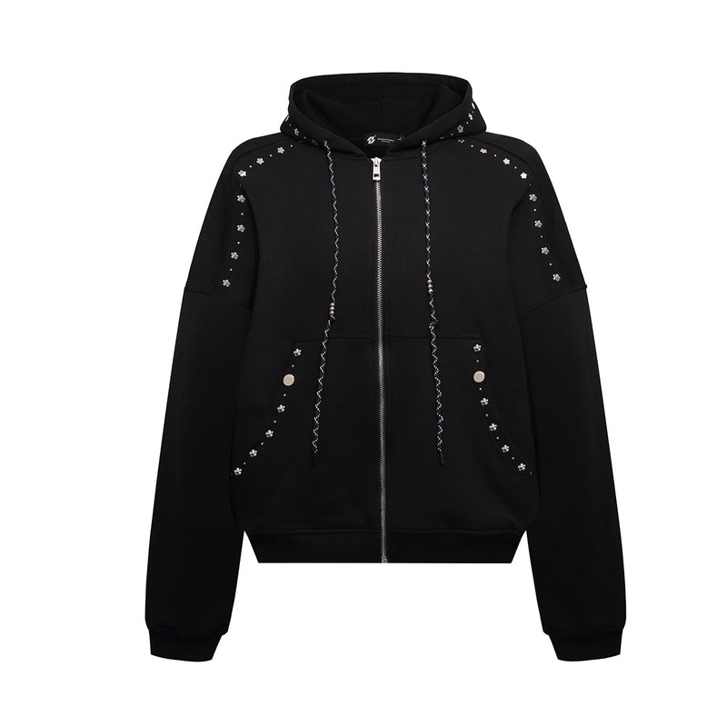 Zip-Up Hoodie with Star Studs & Decorative Drawstring, Oversized Fit