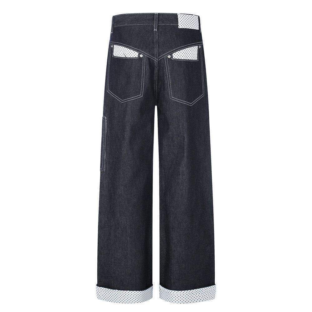 Jean homme droit – Denim foncé à jambes larges avec patchwork à pois