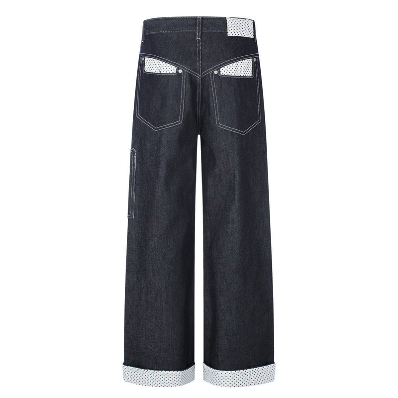Jean homme droit – Denim foncé à jambes larges avec patchwork à pois