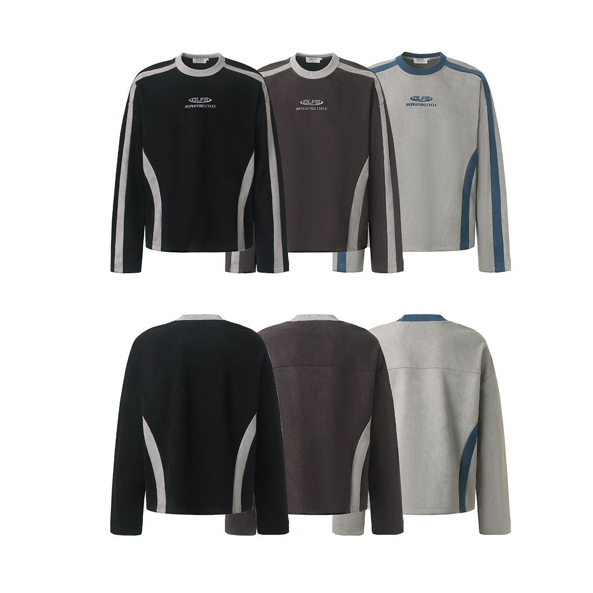 GLFS Colorblock-Langarmshirt mit wiederkehrendem Zyklusmotiv – Streetwear mit Kontrasteinsätzen