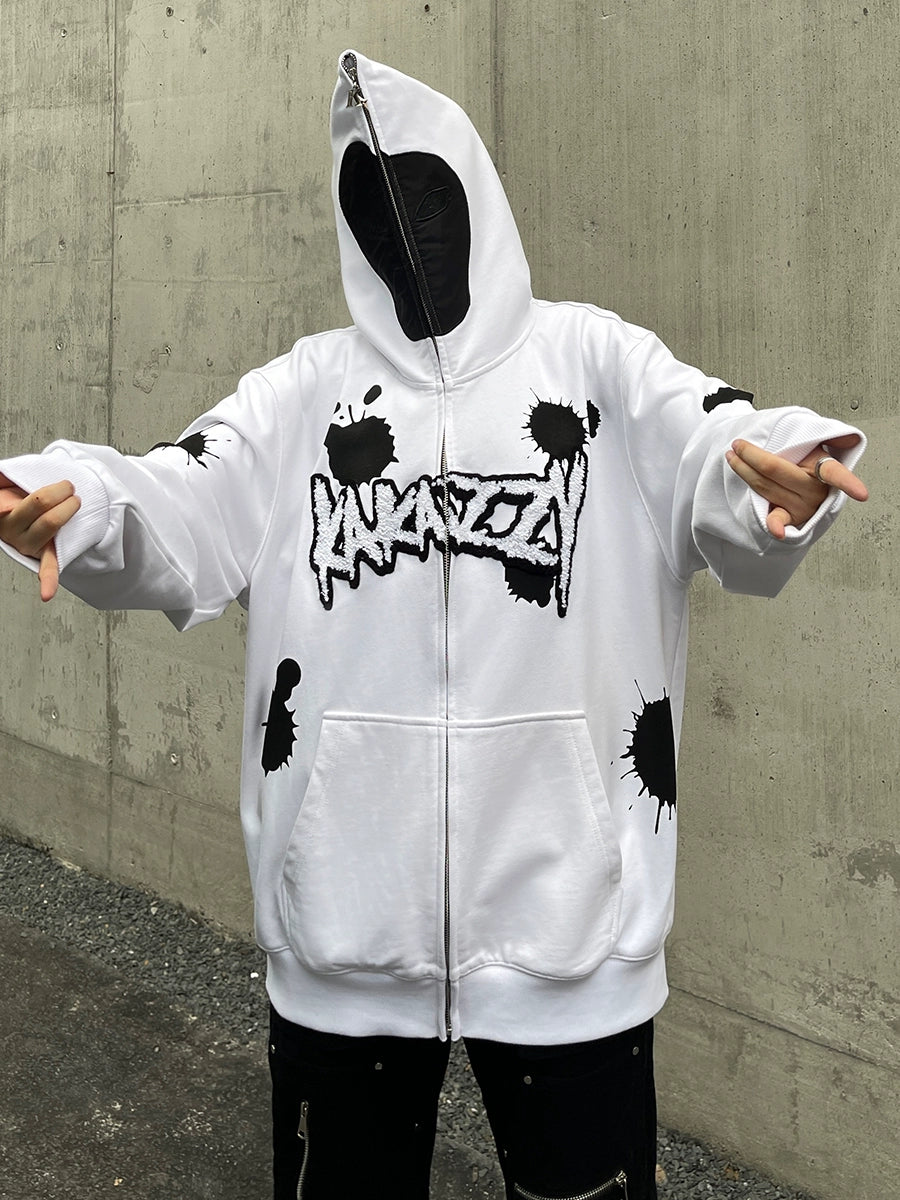 Monochrome Ink Splatter Hoodie - 400GSM Oversized White and Black Zip-Up Streetwear Sweatshirt