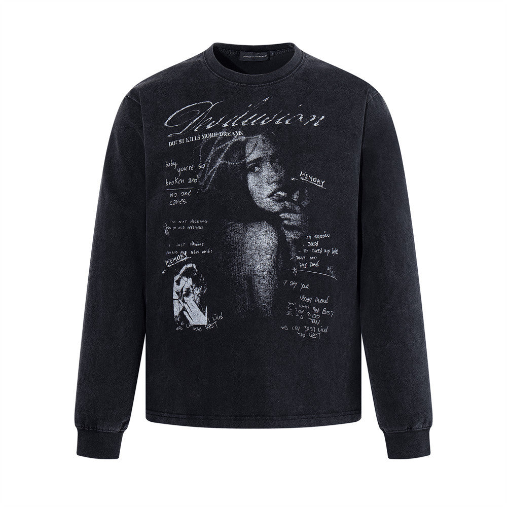 Washed black oversized long sleeve graphic tee with punk portrait print and handwritten text on front