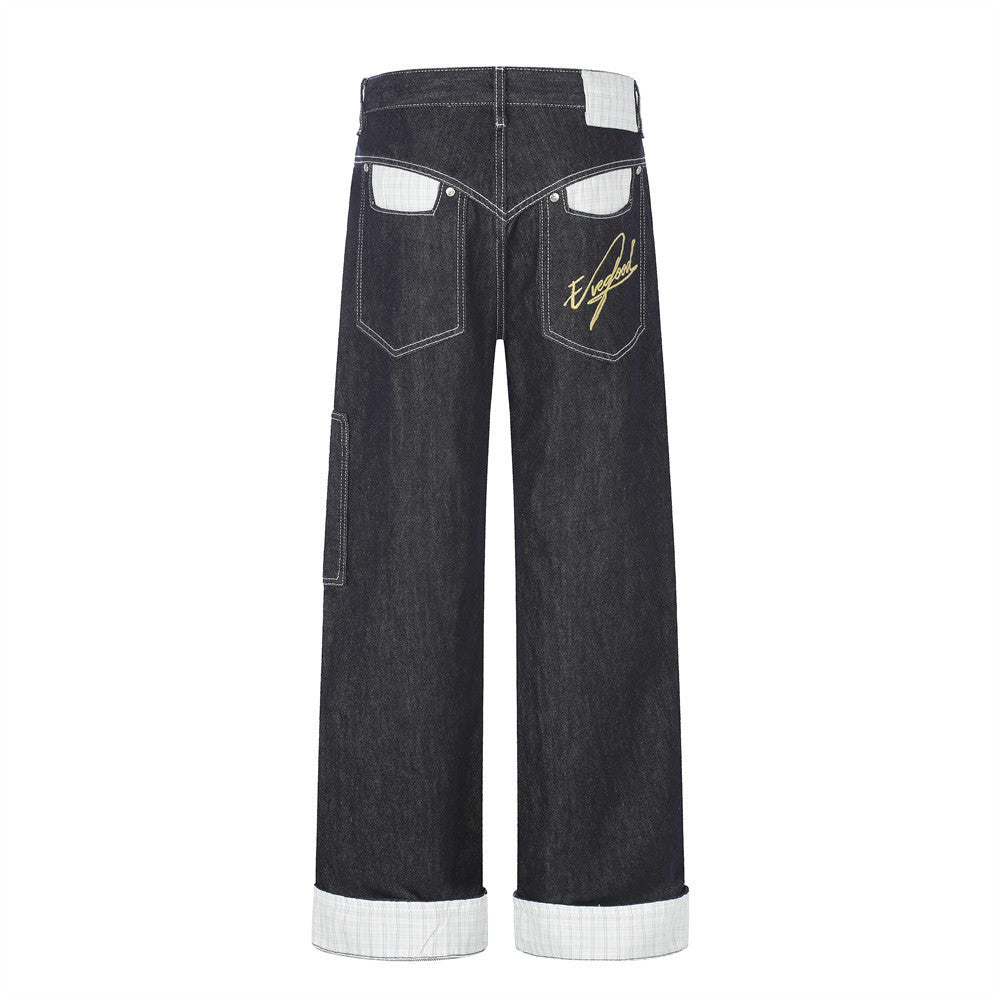 Herren Straight-Fit-Jeans – Wide-Leg-Rohdenim mit diagonalem Knopfverschluss und Karomuster