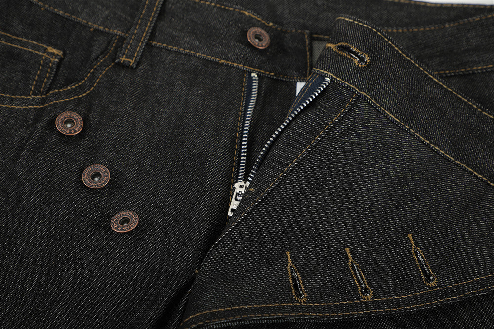 Raw Denim Flare Jeans with Diagonal Button Fly & Deconstructed Wide Leg