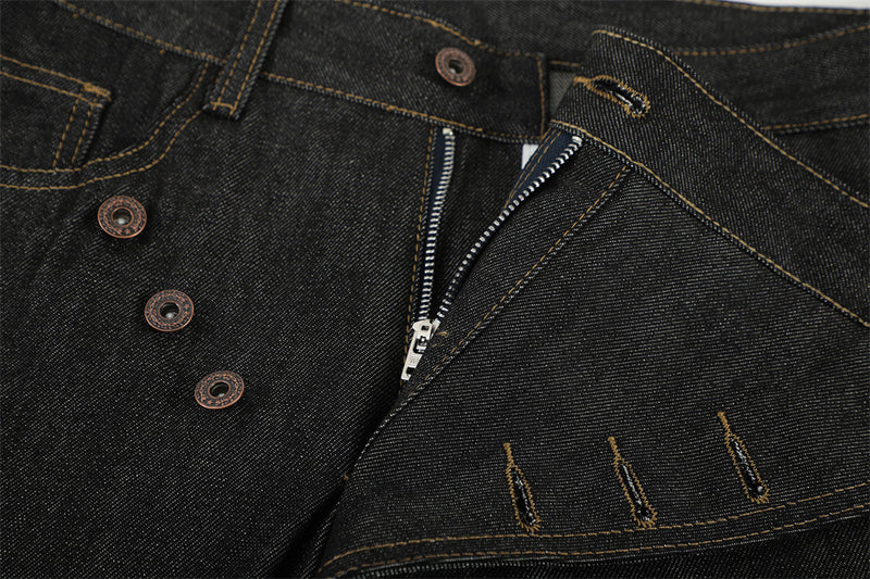 Raw Denim Flare Jeans with Diagonal Button Fly & Deconstructed Wide Leg