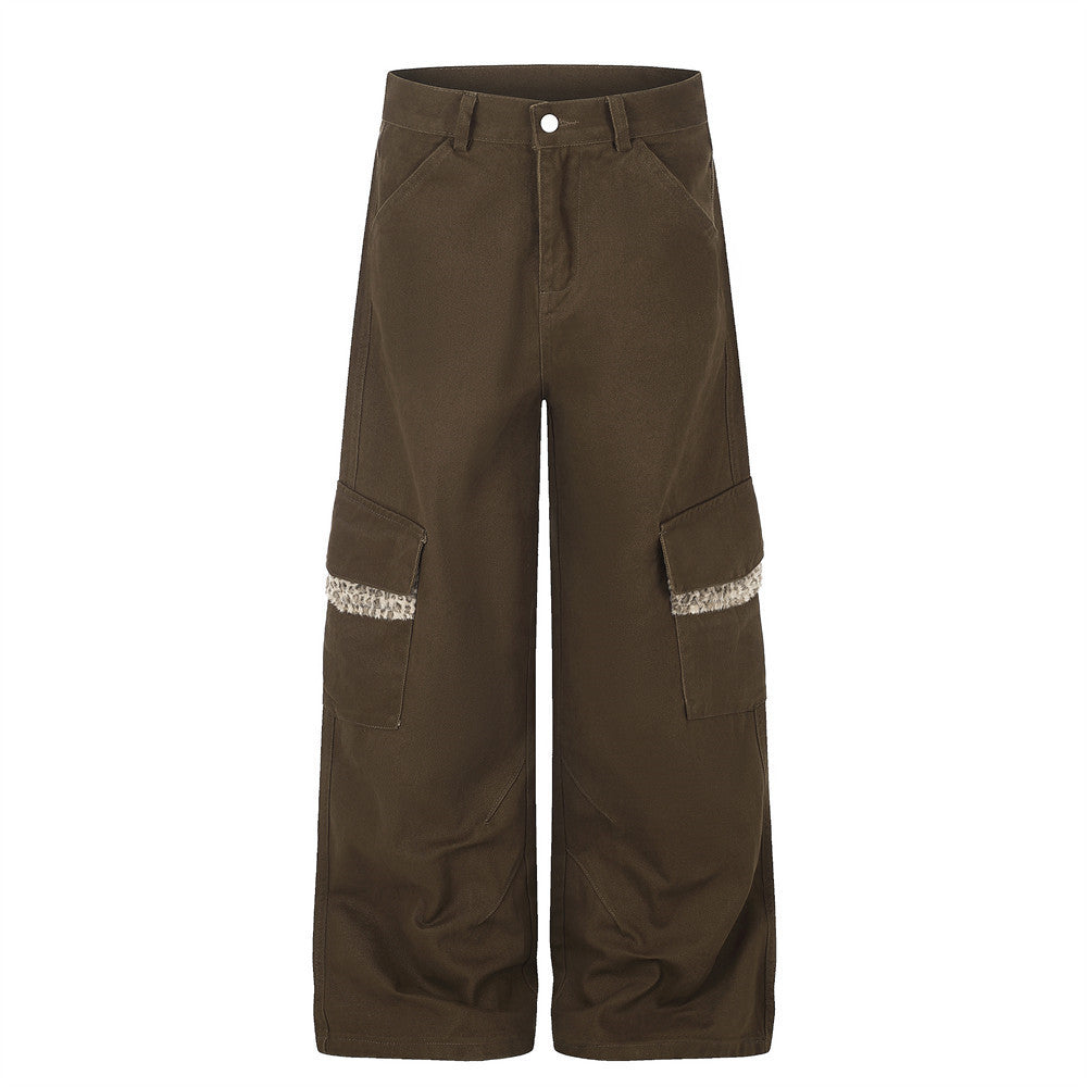 Men's Wide-Leg Cargo Pants with Leopard Fur Trim & Multi-Pocket Design