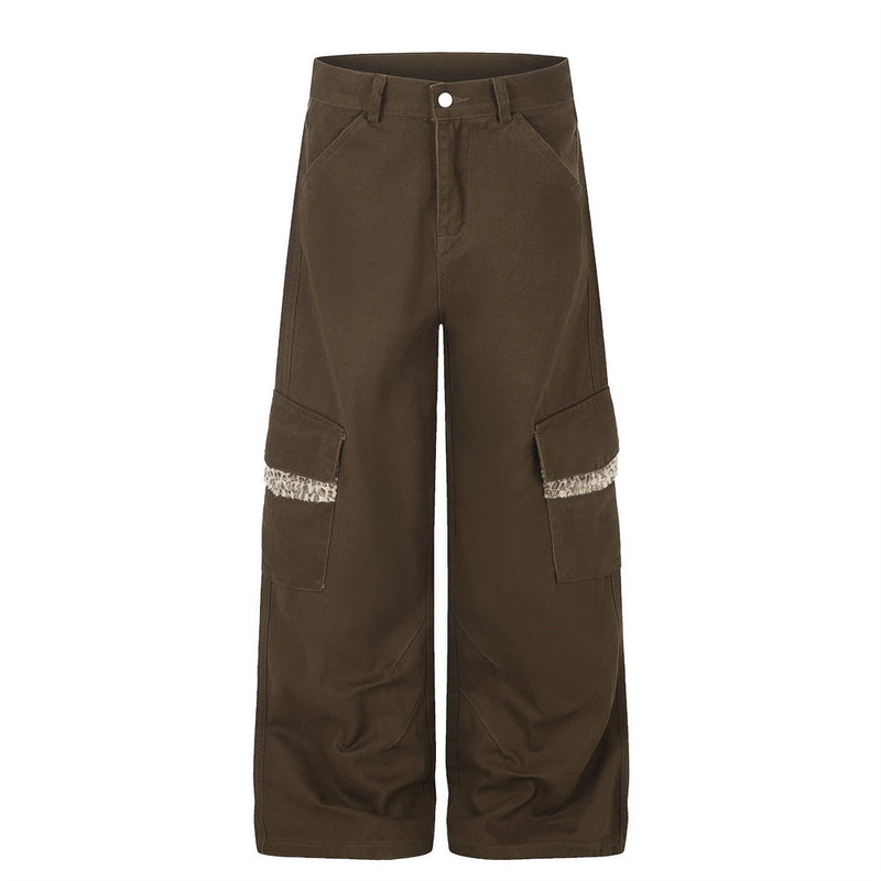 Men's Wide-Leg Cargo Pants with Leopard Fur Trim & Multi-Pocket Design