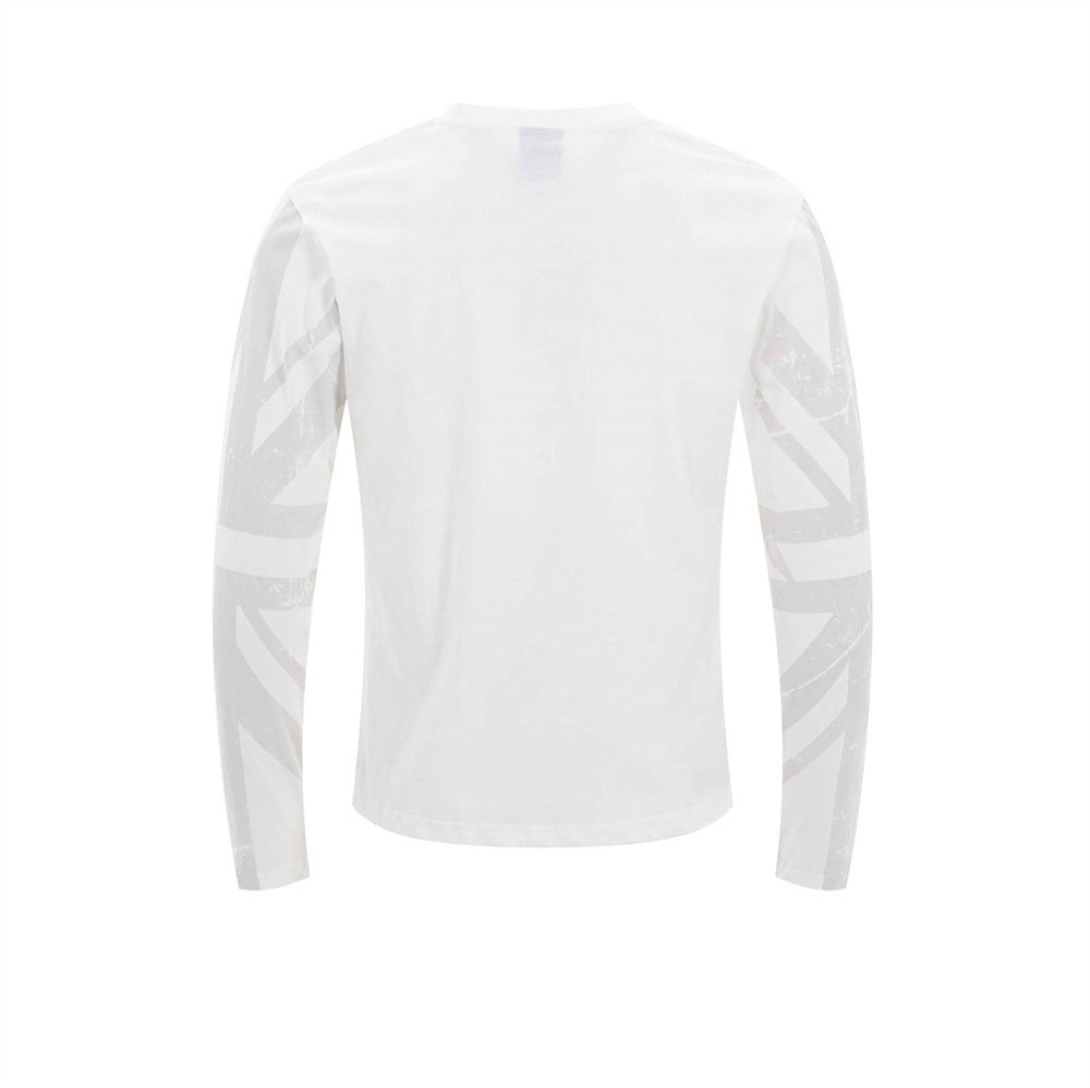 White long sleeve tee shown from the back with faint Union Jack sleeve print