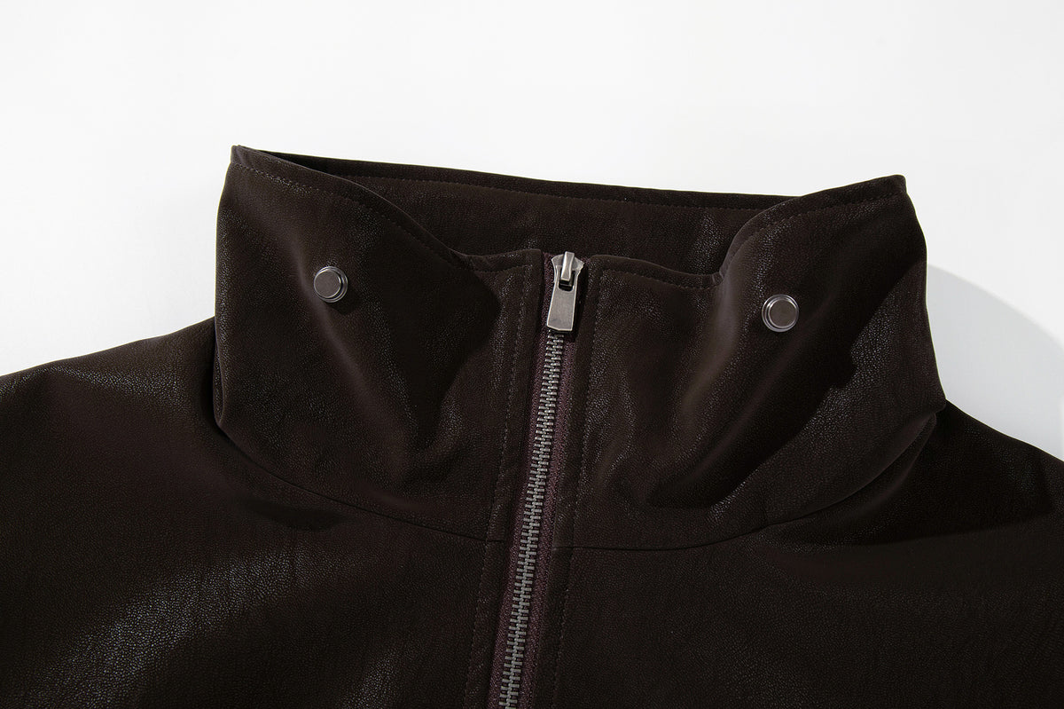 Oversized Black Leather Jacket Faux PU Bomber with High Collar