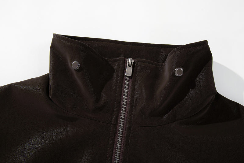 Oversized Black Leather Jacket Faux PU Bomber with High Collar