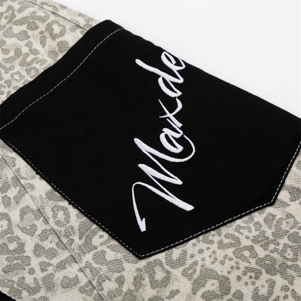 Leopard Print Colorblock Cargo Wide-Leg Jeans
