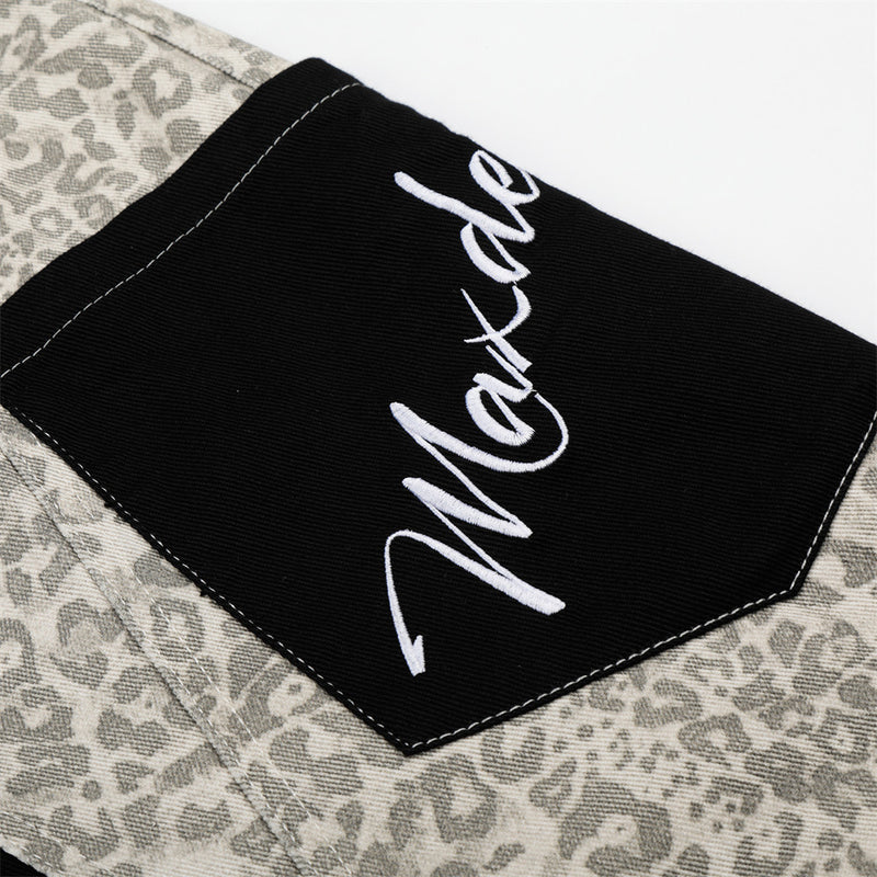 Leopard Print Colorblock Cargo Wide-Leg Jeans